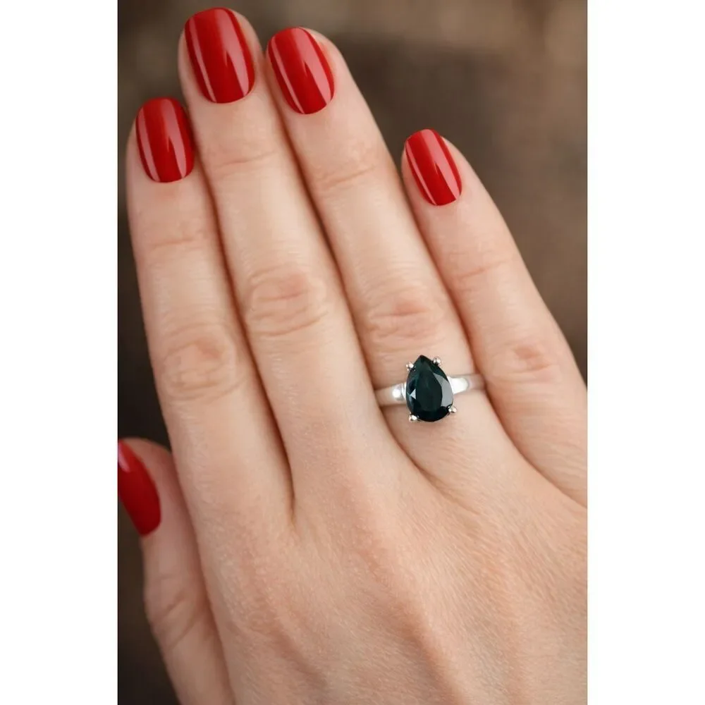 Faceted Pear Shaped Black Onyx Solitaire 925 Sterling Silver Ring Natural Simple
